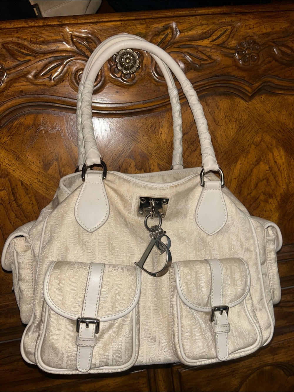 Dior Cream Trotter Logo Satchel Shoulder Hobo Bag with Signature Charm